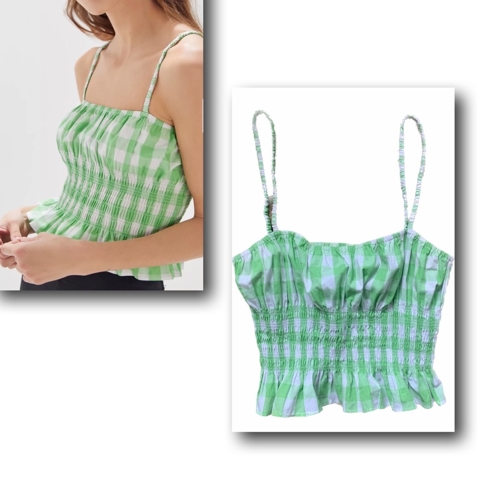 Gingham UO Smocked Ruffled Crop Top  Green/White Size-M UO Exclusive